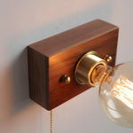 Round Square Vintage Walnut Wood Wall Lamp 1 Light With Pull Chain Switch