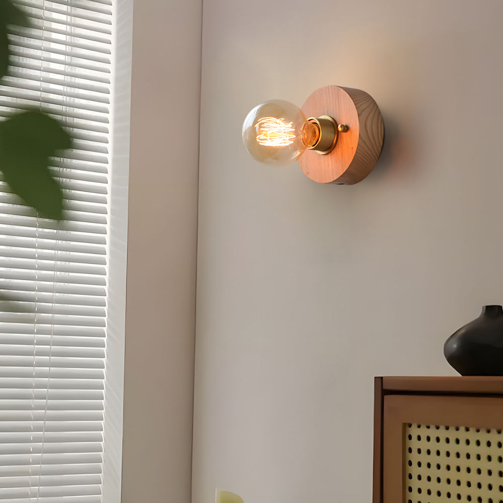 Round Square Vintage Walnut Wood Wall Lamp 1 Light With Pull Chain Switch