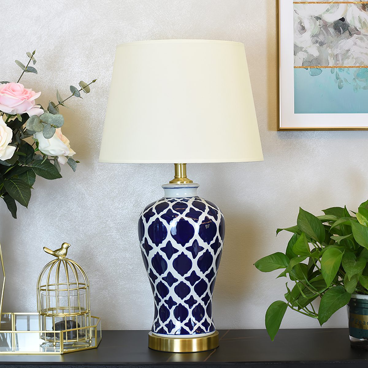Blue and White Hope Table Lamp – Modern Ceramic Bedside Lighting for Living Room, Bedroom, and Office