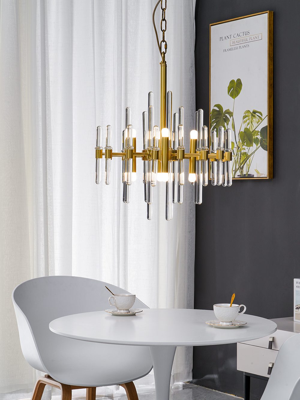 Brass Chandelier with Clear Glass Rods Shade