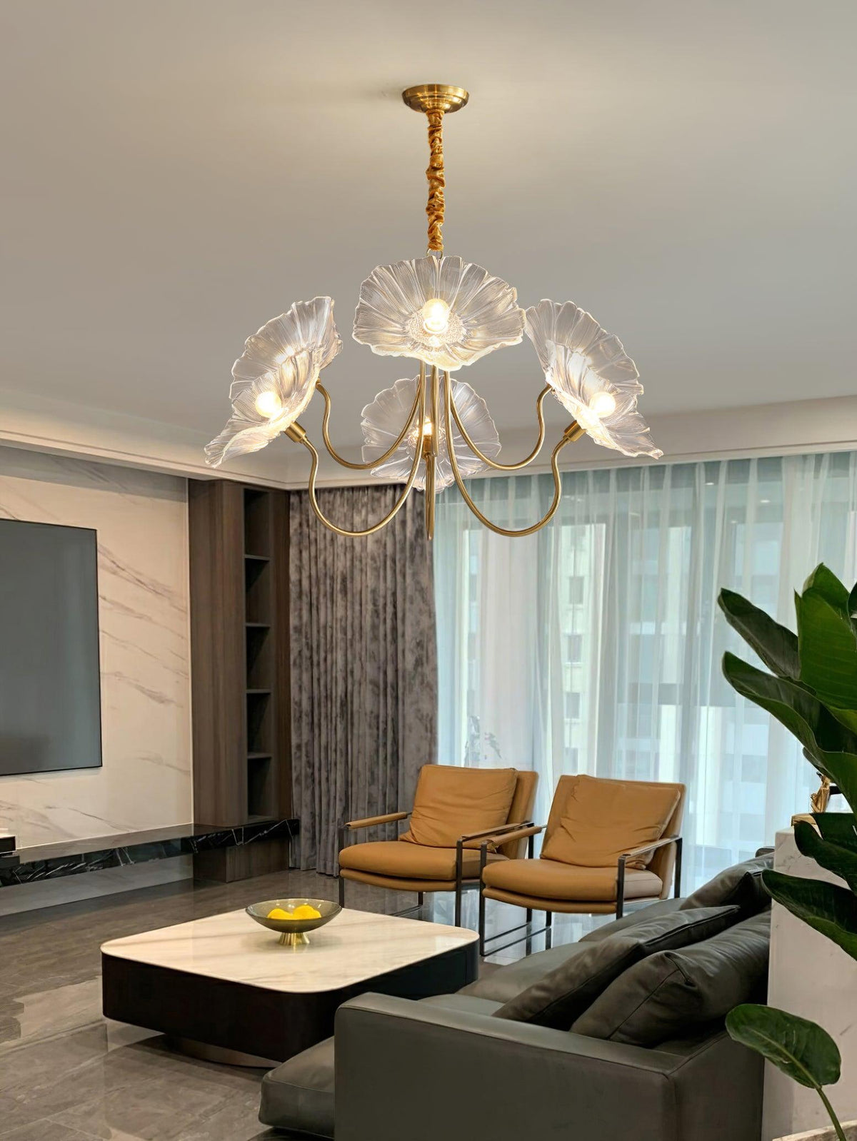 Luxury Lotus Leaf Chandelier Modern Gold Glass Pendant Light for Living Room Dining Room