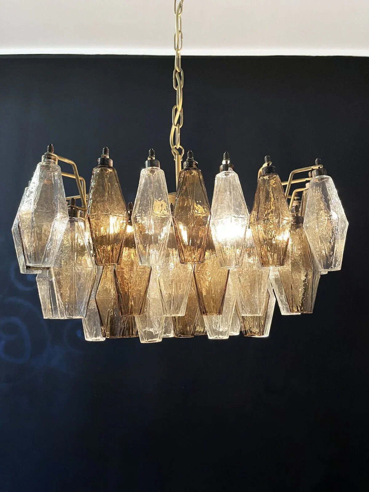 Elegant Murano Poliedri Trasparent Smoked Glass Chandelier