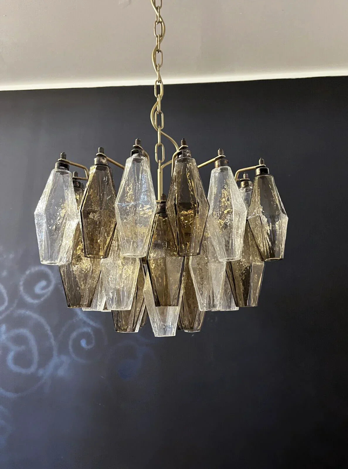Elegant Murano Poliedri Trasparent Smoked Glass Chandelier