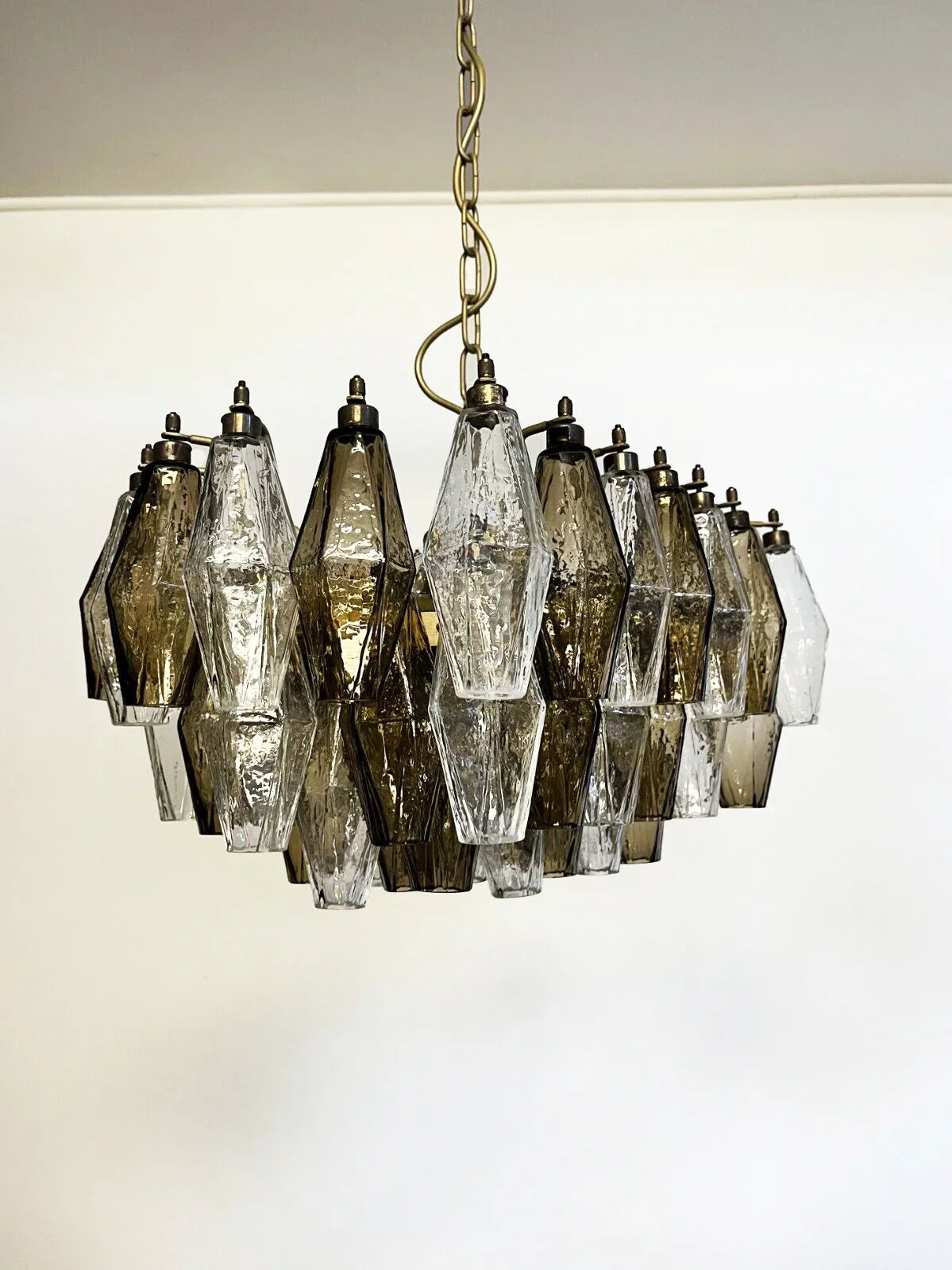 Elegant Murano Poliedri Trasparent Smoked Glass Chandelier