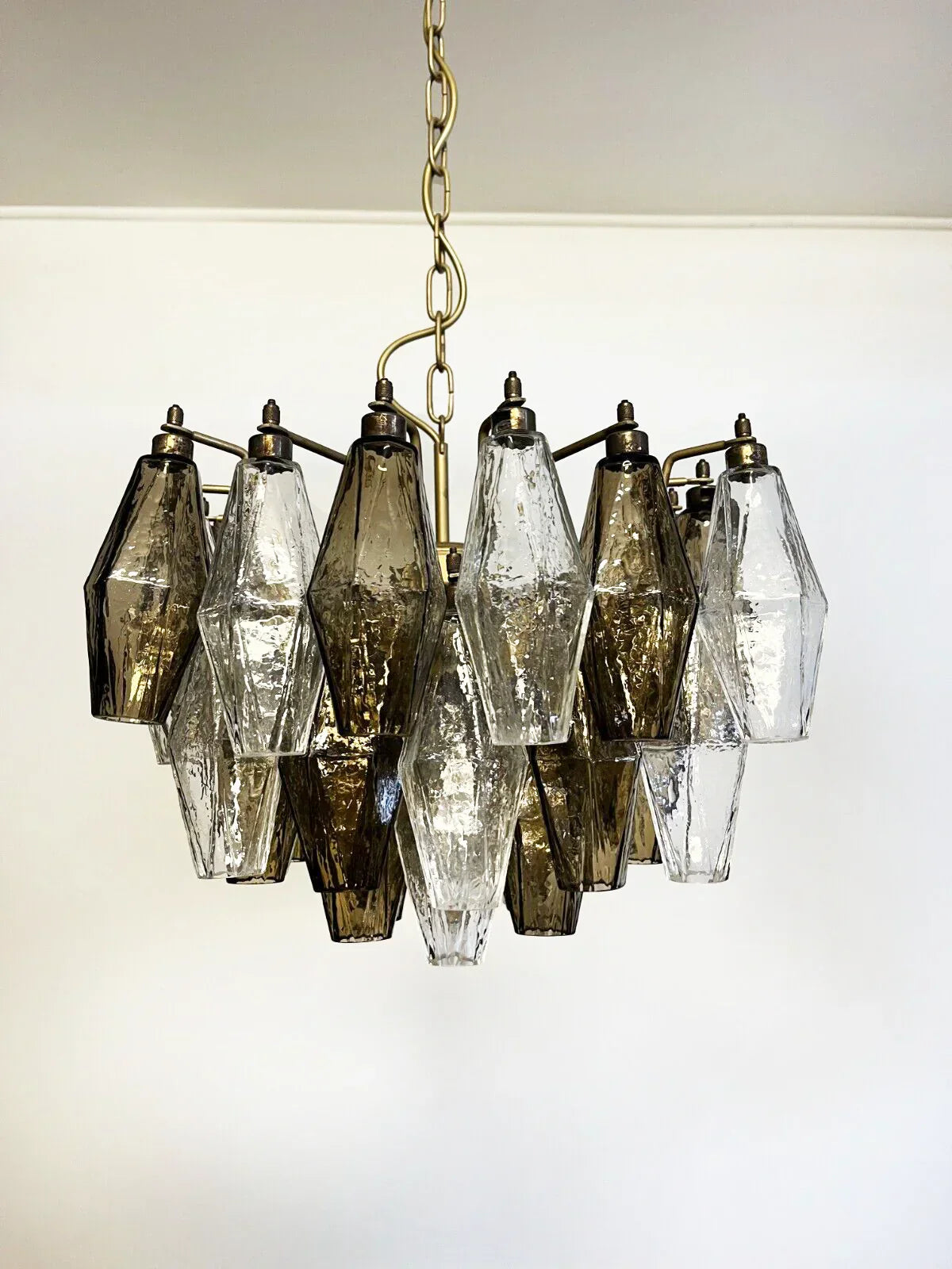Elegant Murano Poliedri Trasparent Smoked Glass Chandelier