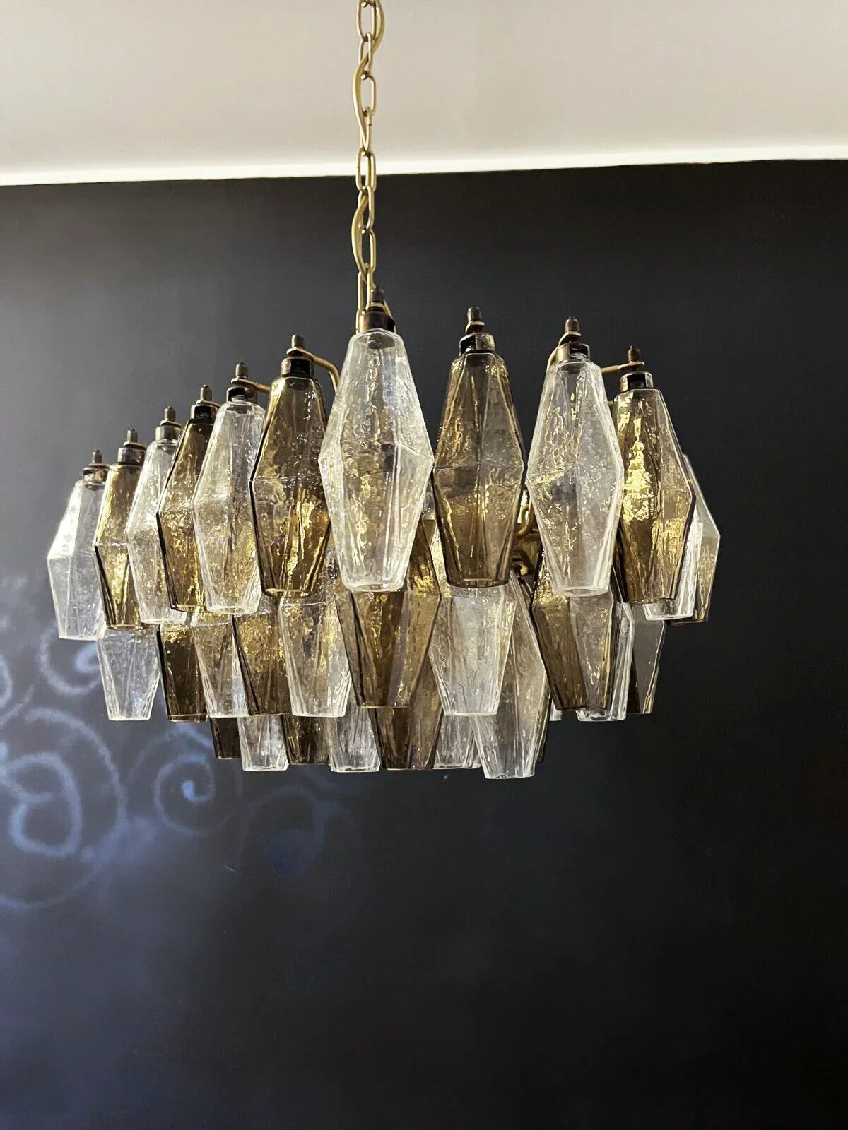 Elegant Murano Poliedri Trasparent Smoked Glass Chandelier