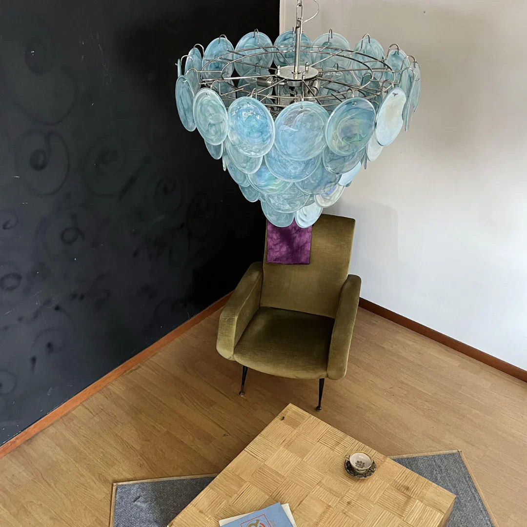 Elegant Blue Murano Iridescent Disc Chandelier