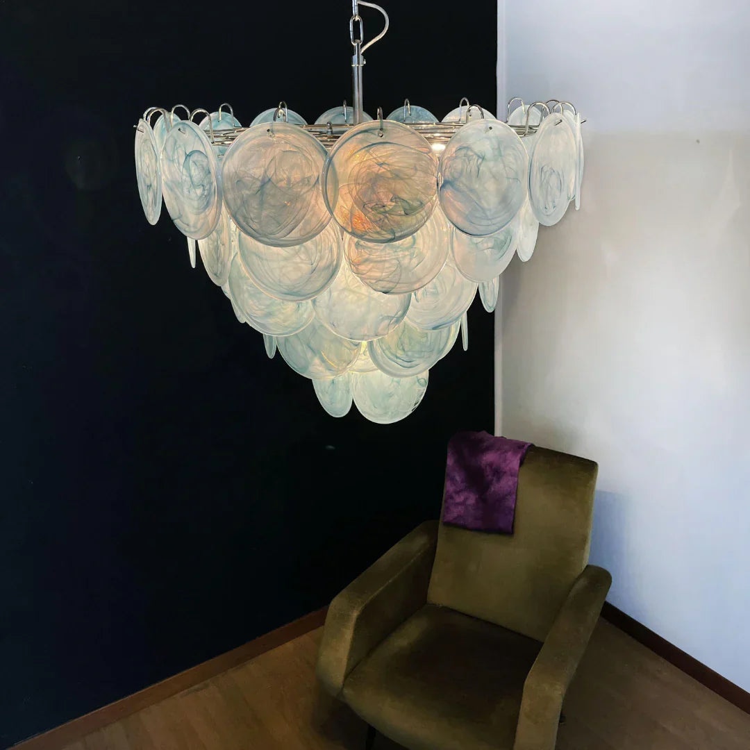 Elegant Blue Murano Iridescent Disc Chandelier