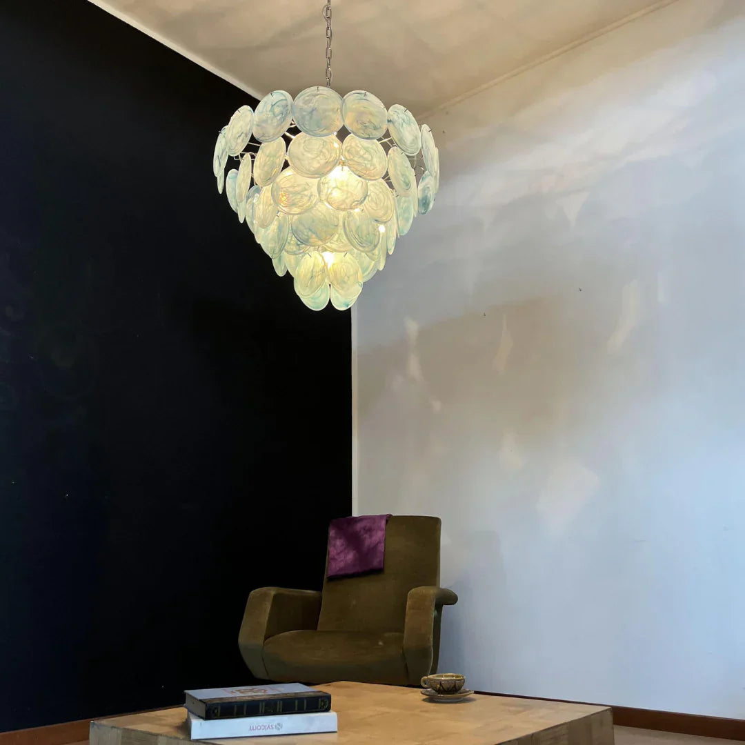 Elegant Blue Murano Iridescent Disc Chandelier