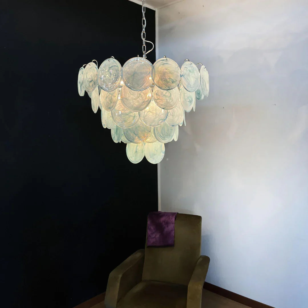 Elegant Blue Murano Iridescent Disc Chandelier