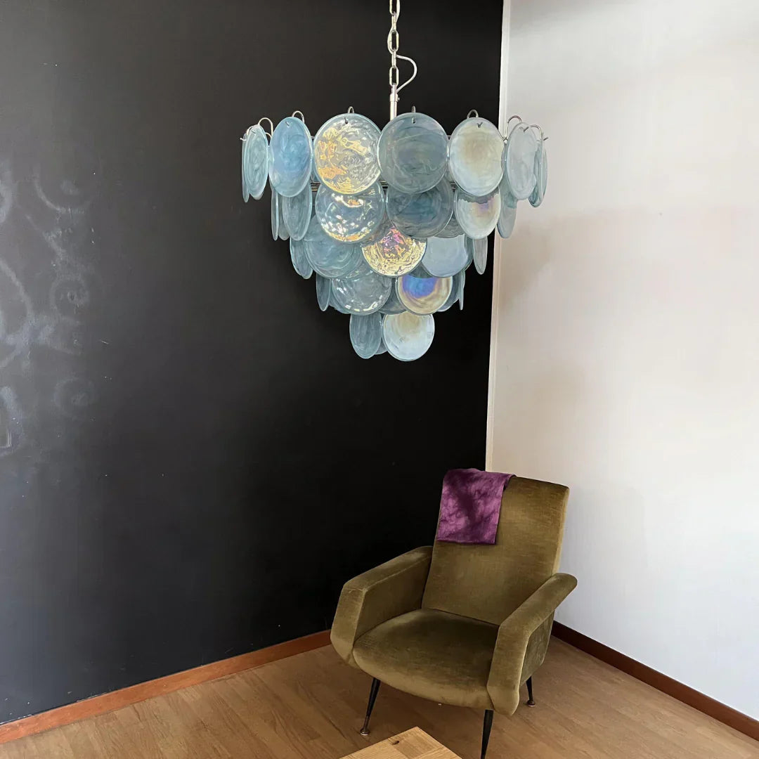 Elegant Blue Murano Iridescent Disc Chandelier