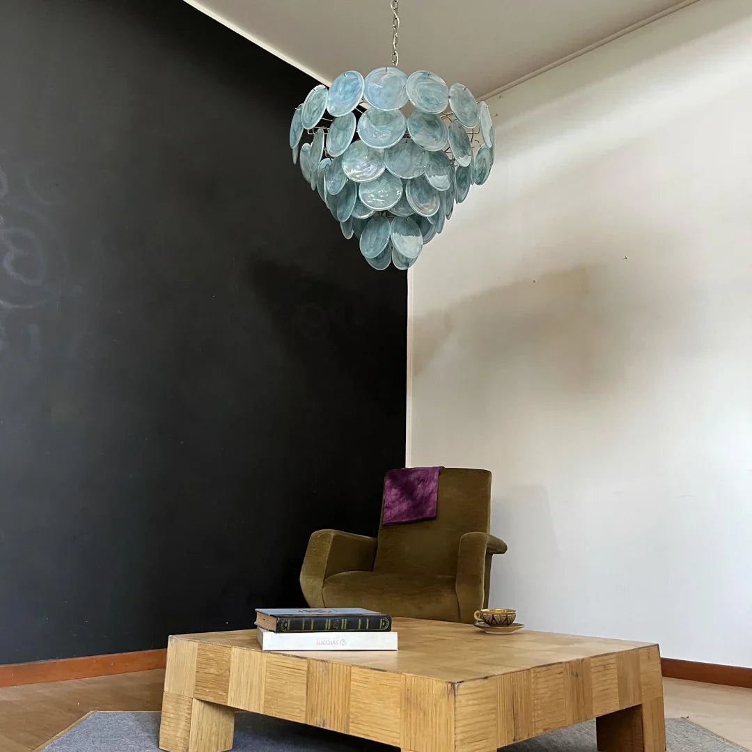 Elegant Blue Murano Iridescent Disc Chandelier