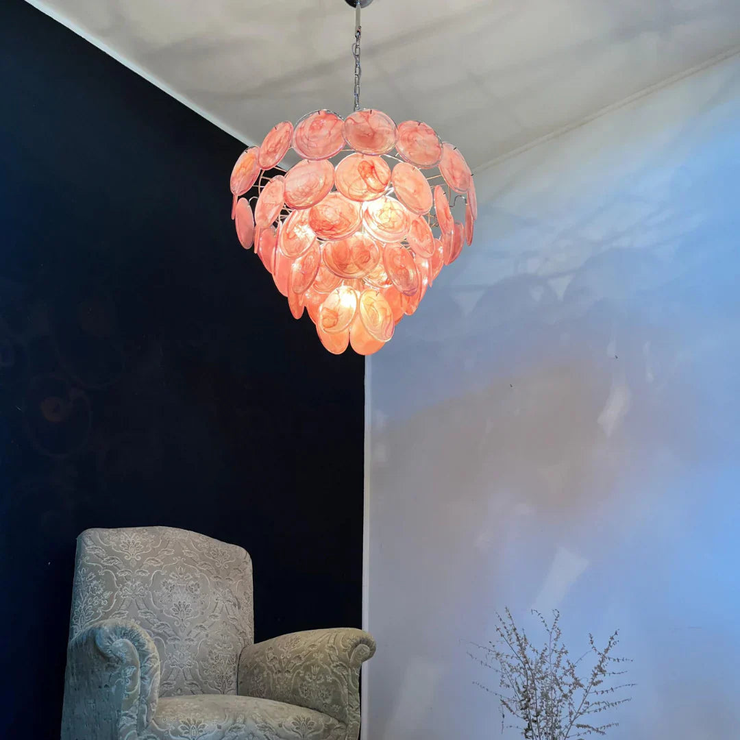 Elegant Pink Murano Iridescent Disc Chandelier