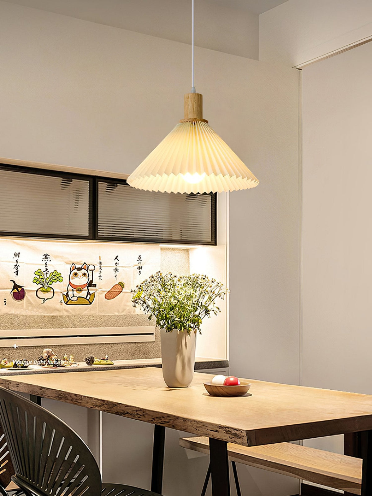 Pleated Wood Pendant Light Nordic Minimalist Dining Room Fixture