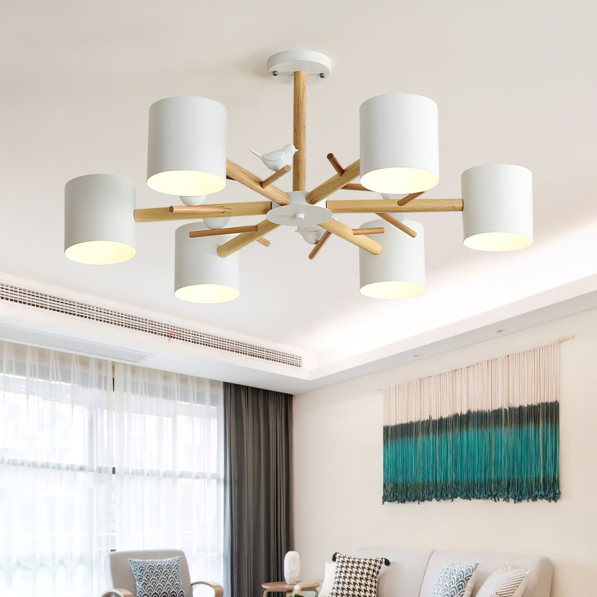 Nordic Tree Branch Chandelier with Birds - Modern Wood & Metal Pendant Light for Living Room, Dining Room, Bedroom