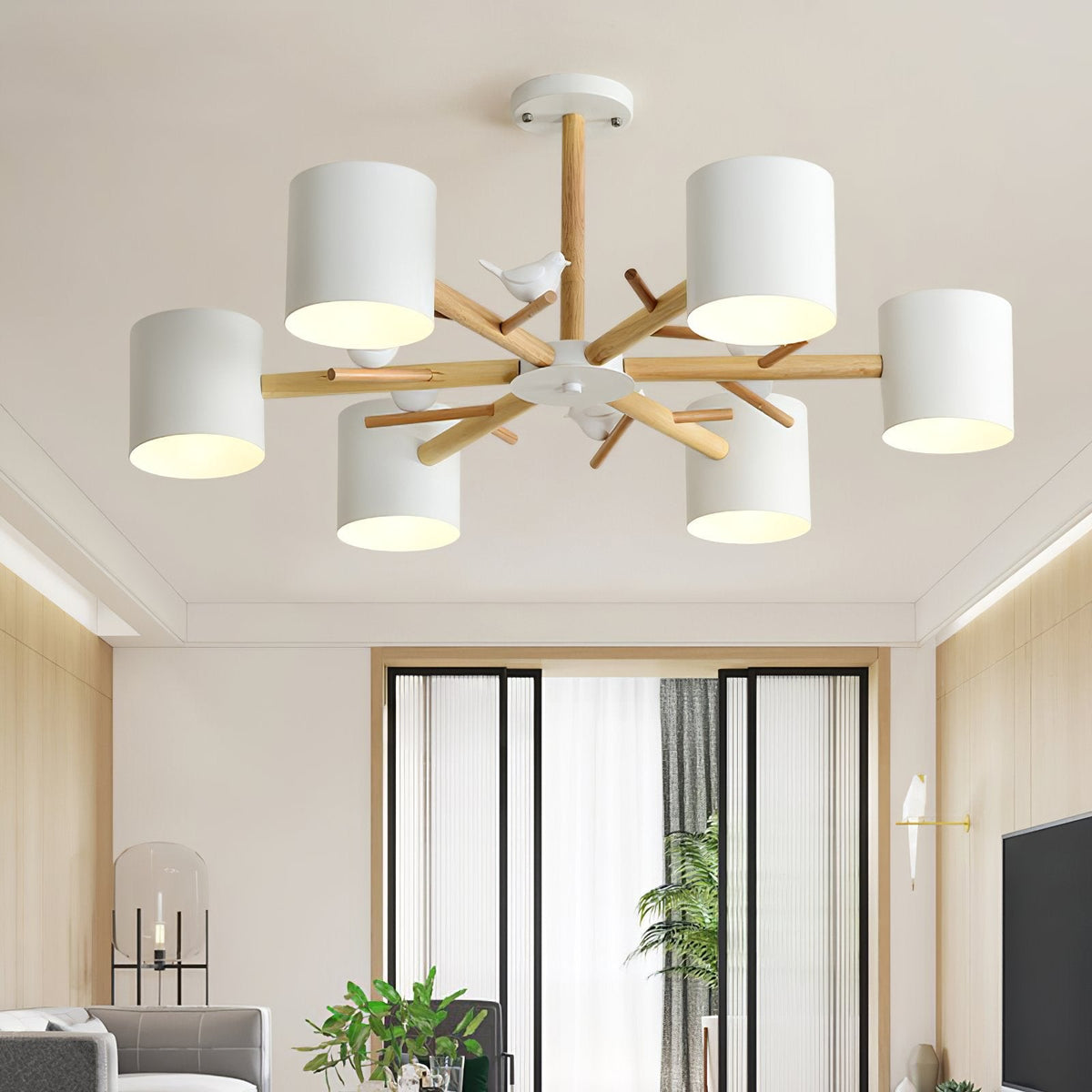 Nordic Tree Branch Chandelier with Birds - Modern Wood & Metal Pendant Light for Living Room, Dining Room, Bedroom