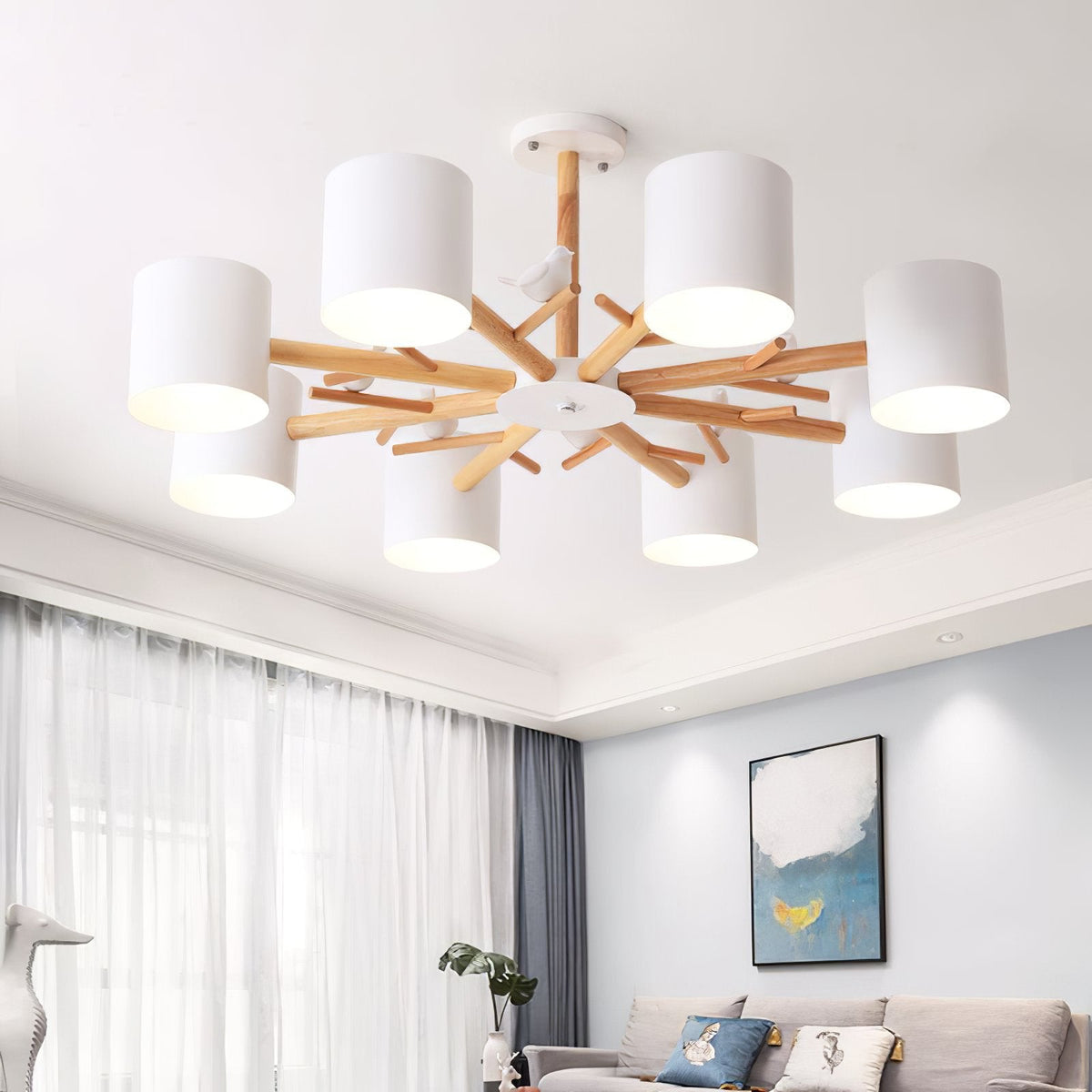 Nordic Tree Branch Chandelier with Birds - Modern Wood & Metal Pendant Light for Living Room, Dining Room, Bedroom