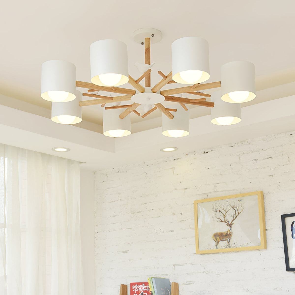 Nordic Tree Branch Chandelier with Birds - Modern Wood & Metal Pendant Light for Living Room, Dining Room, Bedroom