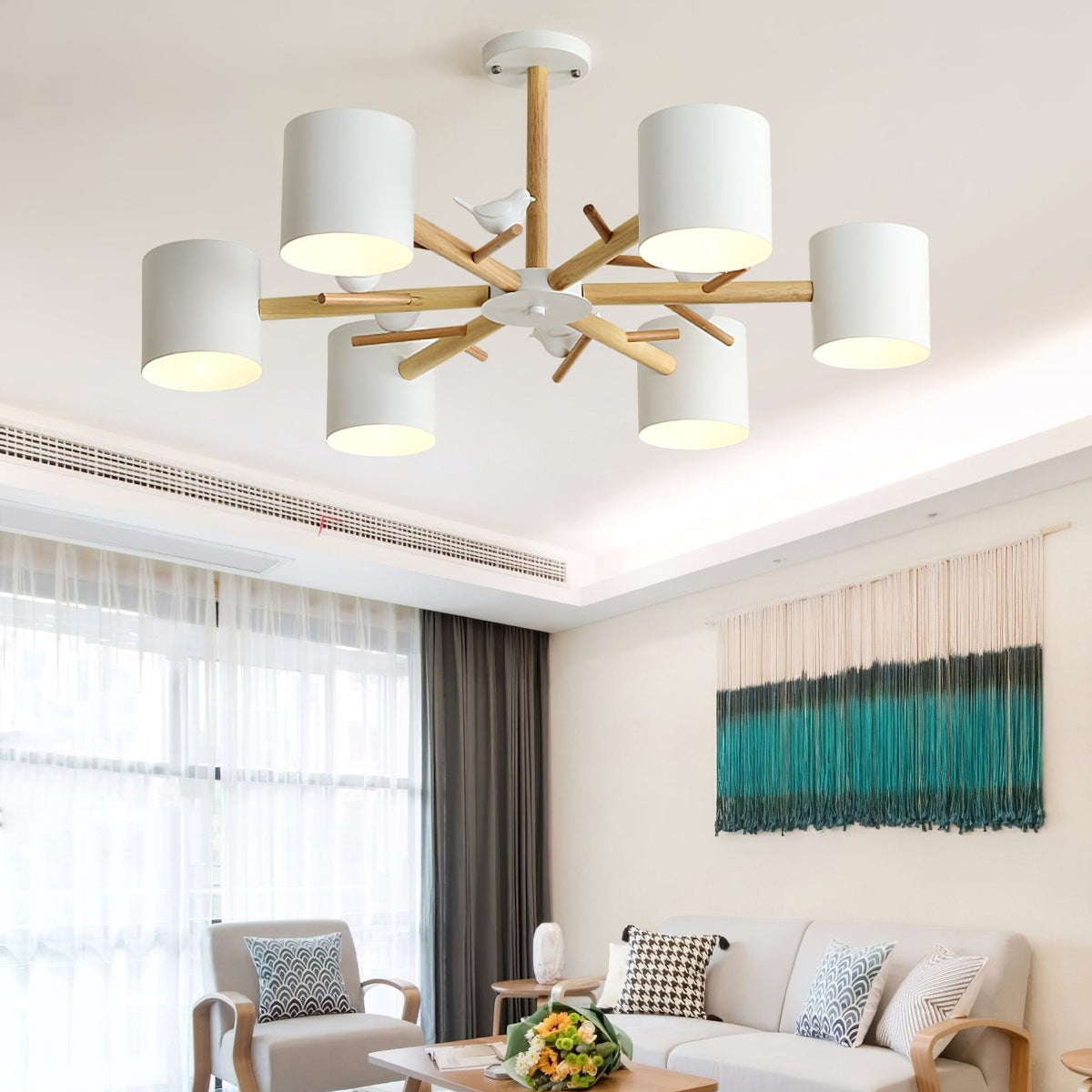 Nordic Tree Branch Chandelier with Birds - Modern Wood & Metal Pendant Light for Living Room, Dining Room, Bedroom