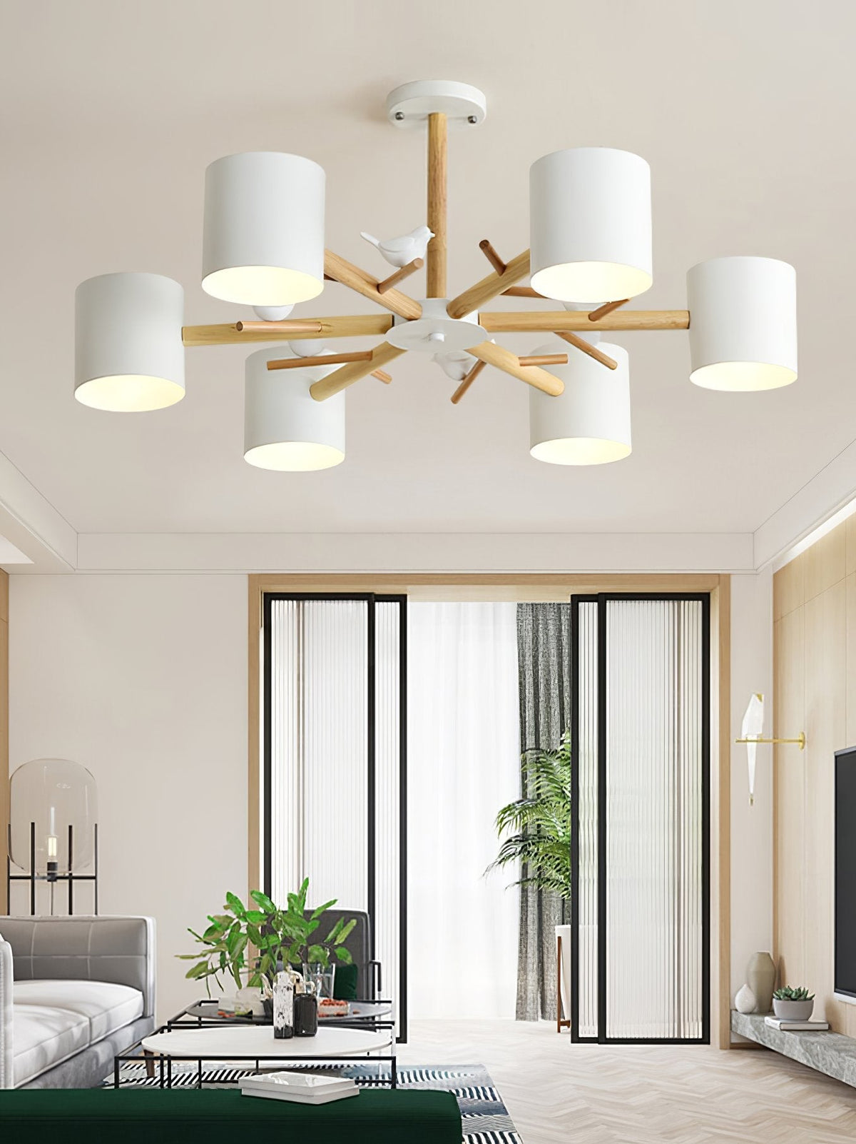 Nordic Tree Branch Chandelier with Birds - Modern Wood & Metal Pendant Light for Living Room, Dining Room, Bedroom