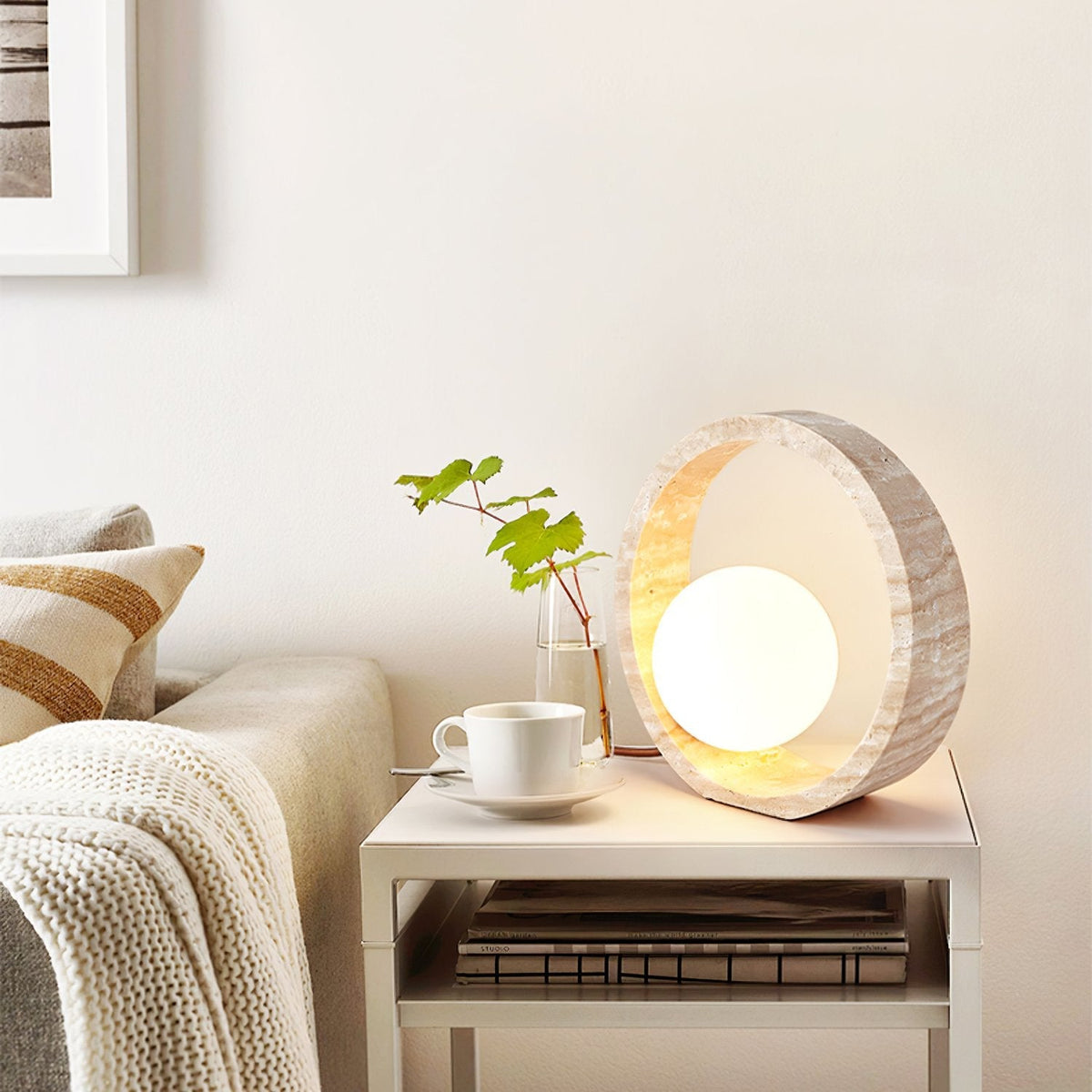 Oxygen Table Lamp - Natural Travertine Modern Nightstand Light for Bedroom & Living Room