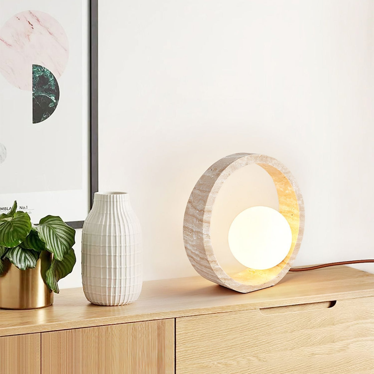 Oxygen Table Lamp - Natural Travertine Modern Nightstand Light for Bedroom & Living Room