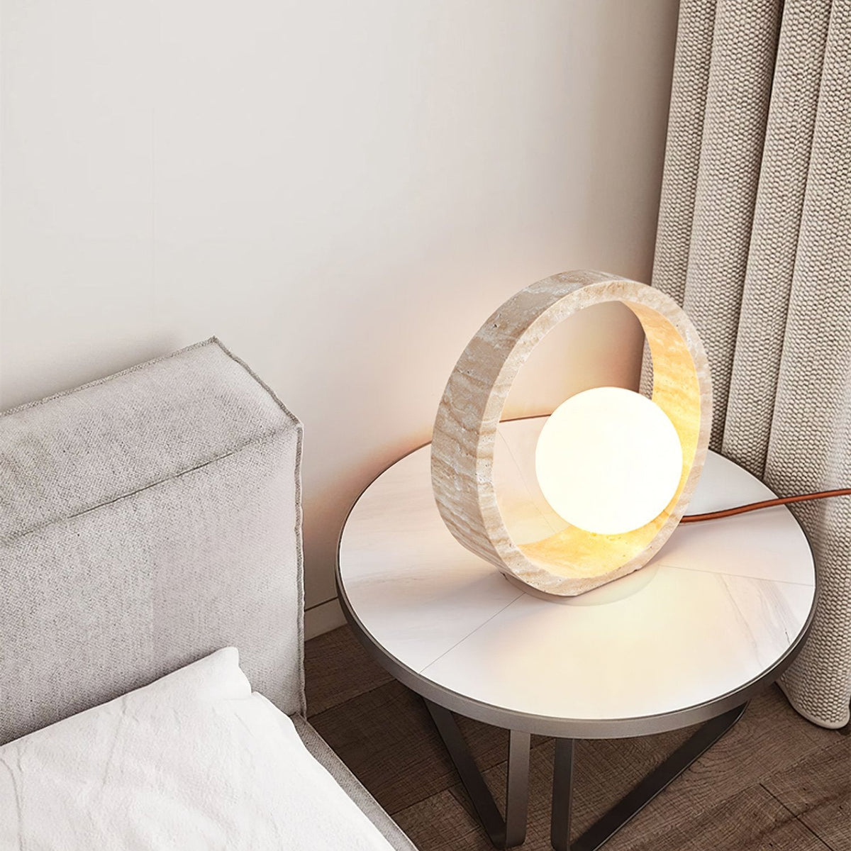 Oxygen Table Lamp - Natural Travertine Modern Nightstand Light for Bedroom & Living Room