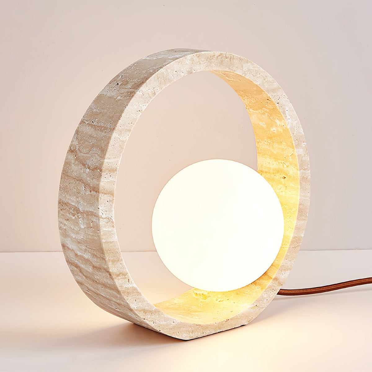 Oxygen Table Lamp - Natural Travertine Modern Nightstand Light for Bedroom & Living Room