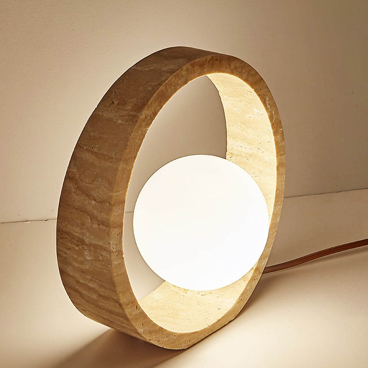 Oxygen Table Lamp - Natural Travertine Modern Nightstand Light for Bedroom & Living Room