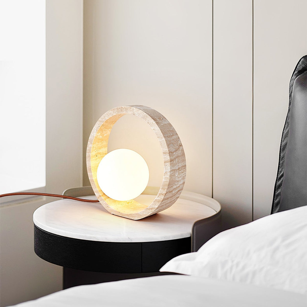 Oxygen Table Lamp - Natural Travertine Modern Nightstand Light for Bedroom & Living Room