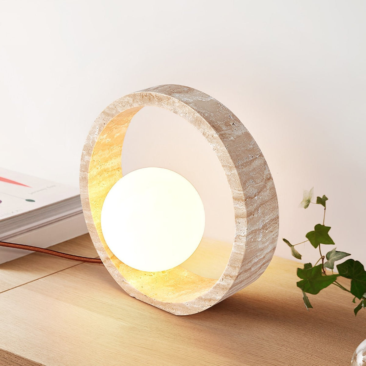 Oxygen Table Lamp - Natural Travertine Modern Nightstand Light for Bedroom & Living Room