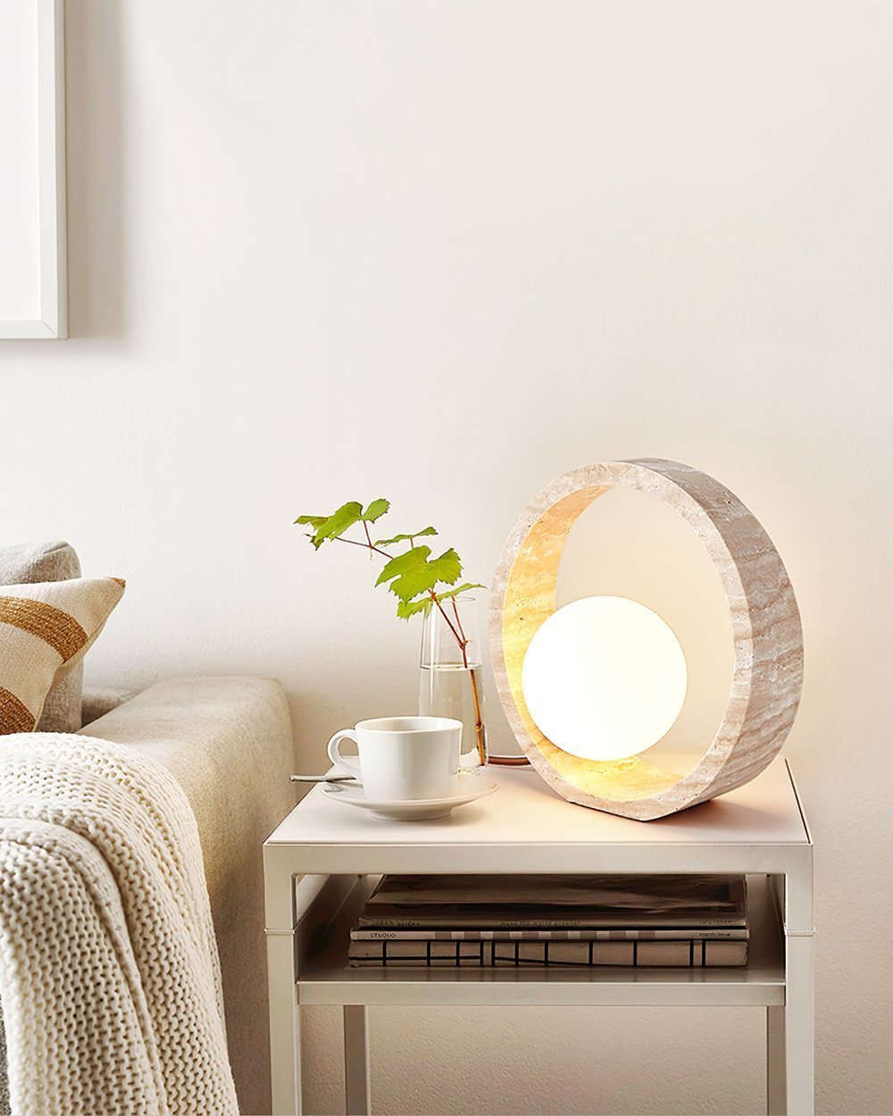 Oxygen Table Lamp - Natural Travertine Modern Nightstand Light for Bedroom & Living Room