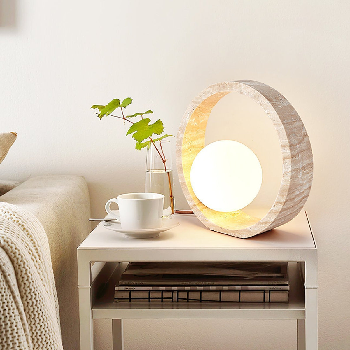 Oxygen Table Lamp - Natural Travertine Modern Nightstand Light for Bedroom & Living Room