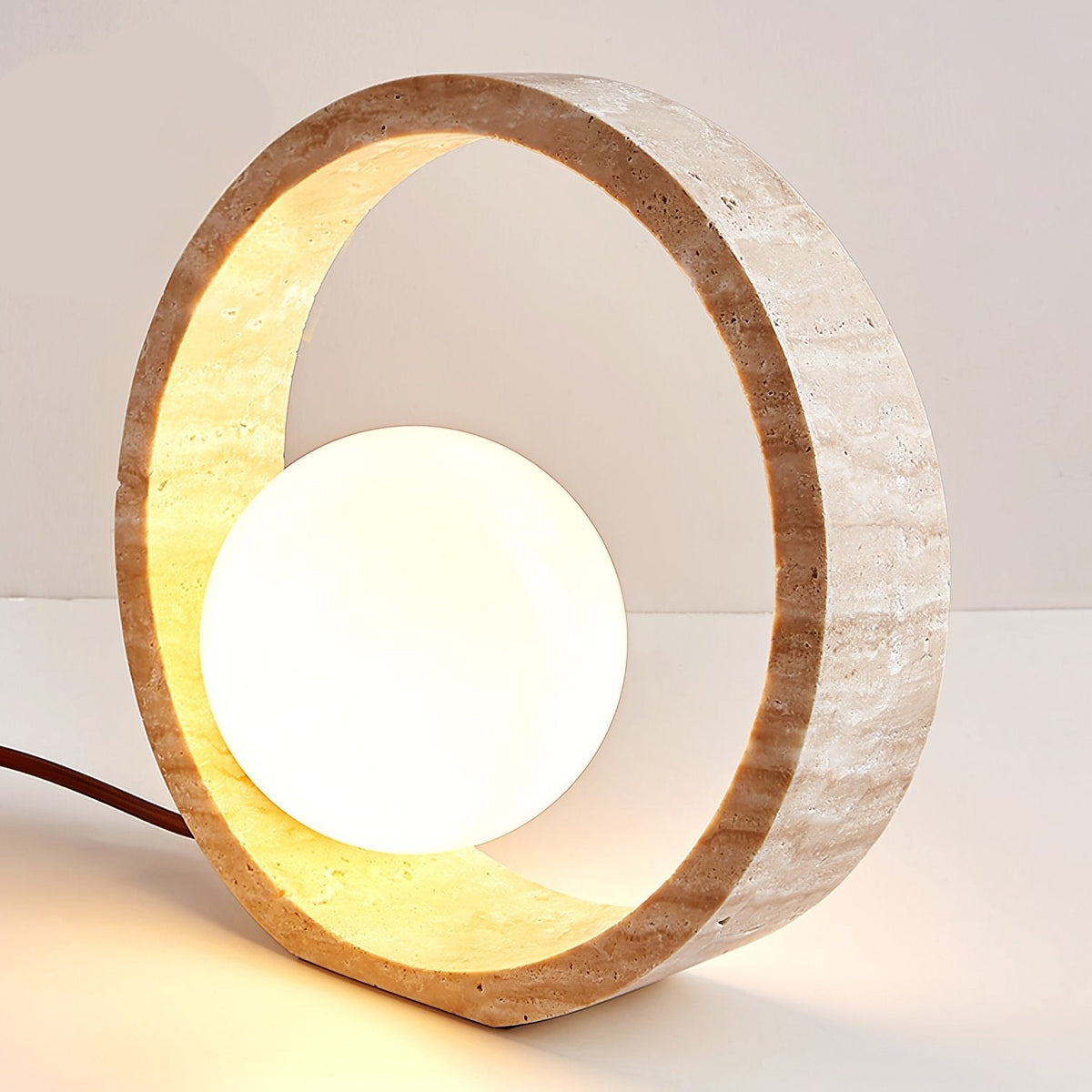 Oxygen Table Lamp - Natural Travertine Modern Nightstand Light for Bedroom & Living Room