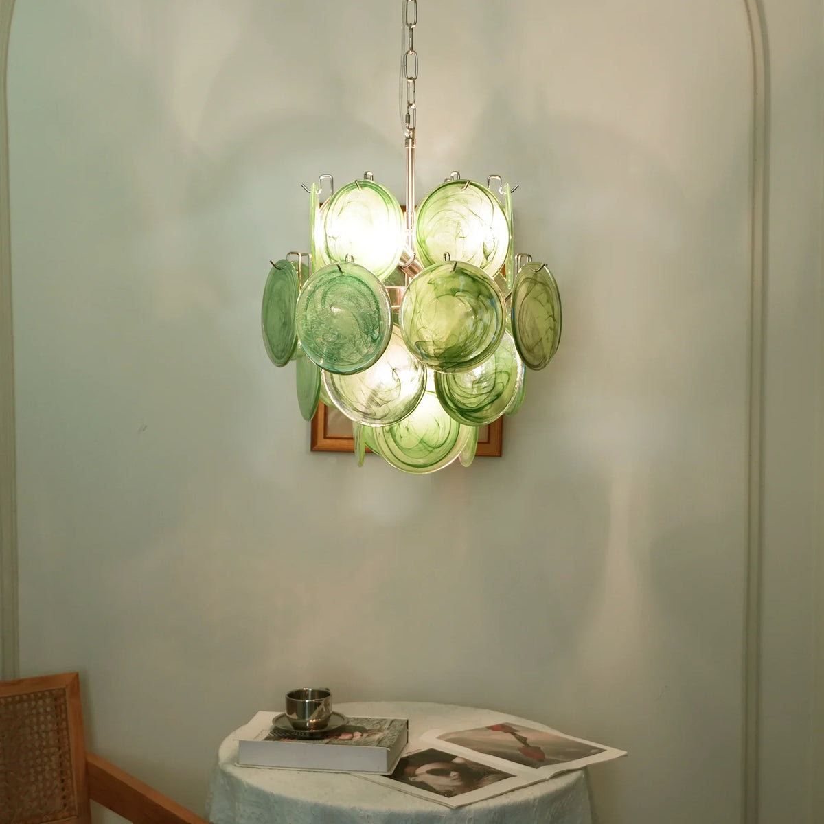 Vintage Murano Green Glass Disks Chandelier