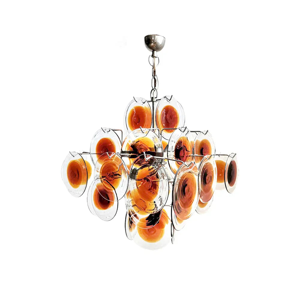 Vintage Murano Orange Brown Transparent Disc Chandelier