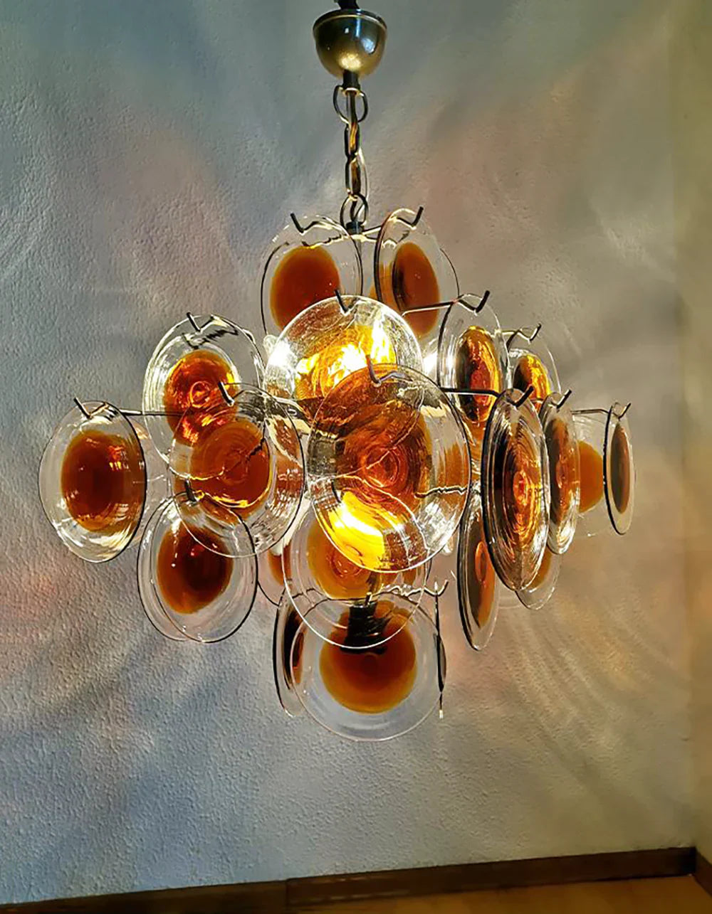 Vintage Murano Orange Brown Transparent Disc Chandelier