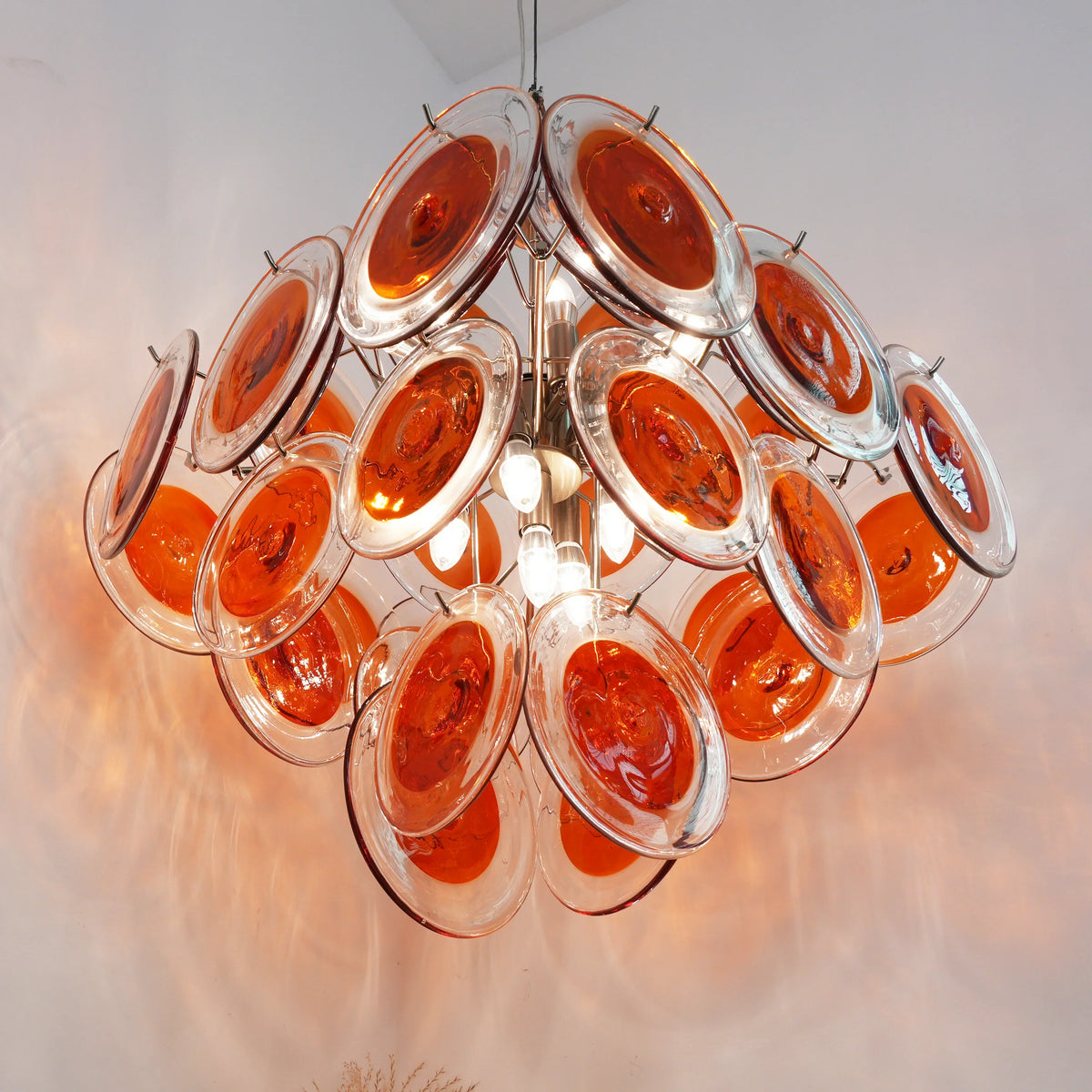 Vintage Murano Orange Brown Transparent Disc Chandelier