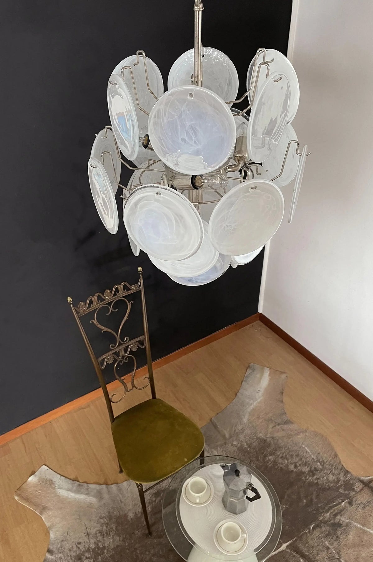 Vintage Murano White Glass Disks Chandelier