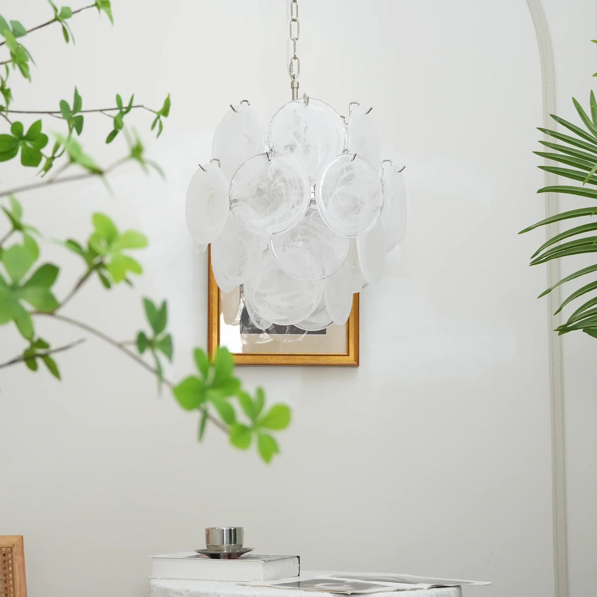 Vintage Murano White Glass Disks Chandelier