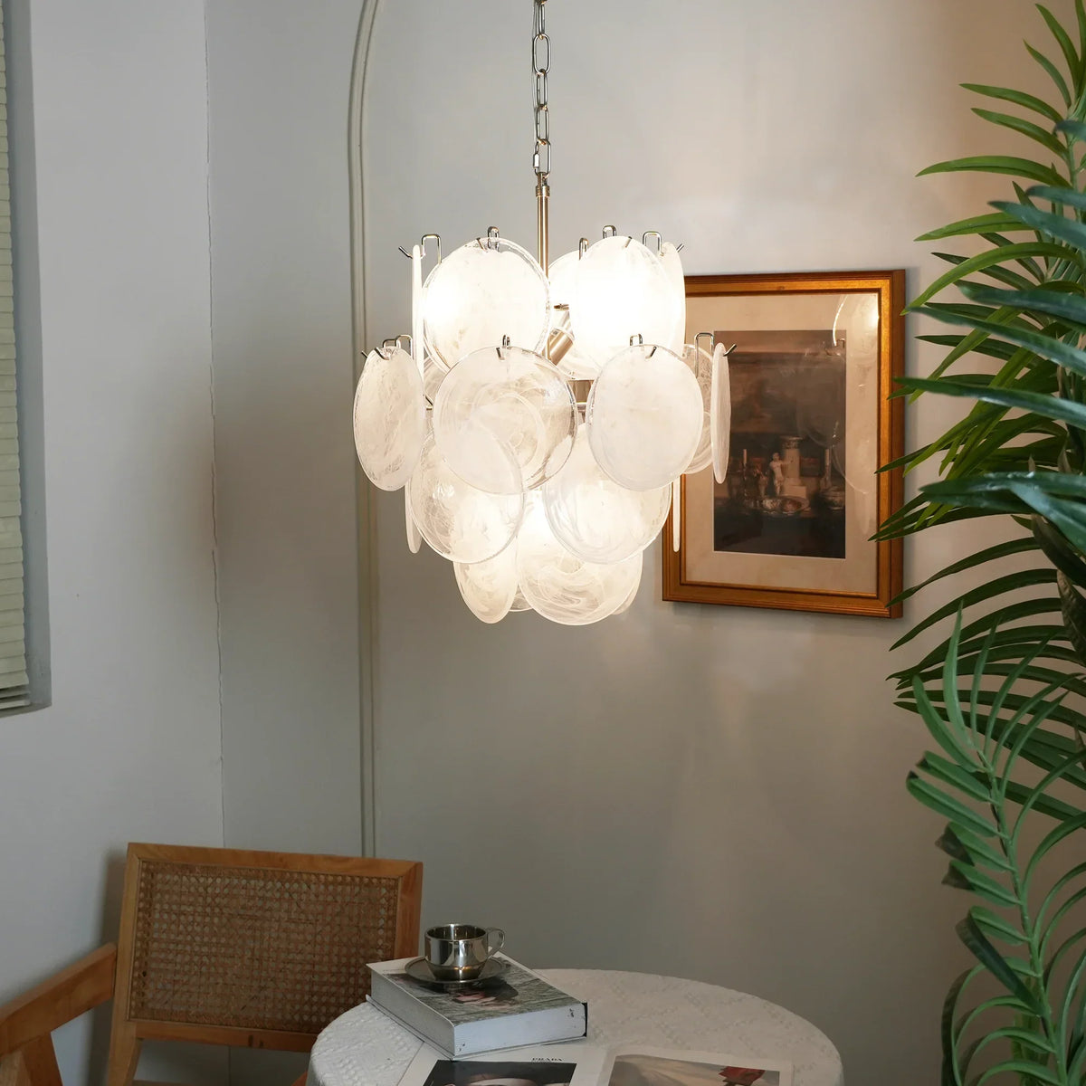 Vintage Murano White Glass Disks Chandelier