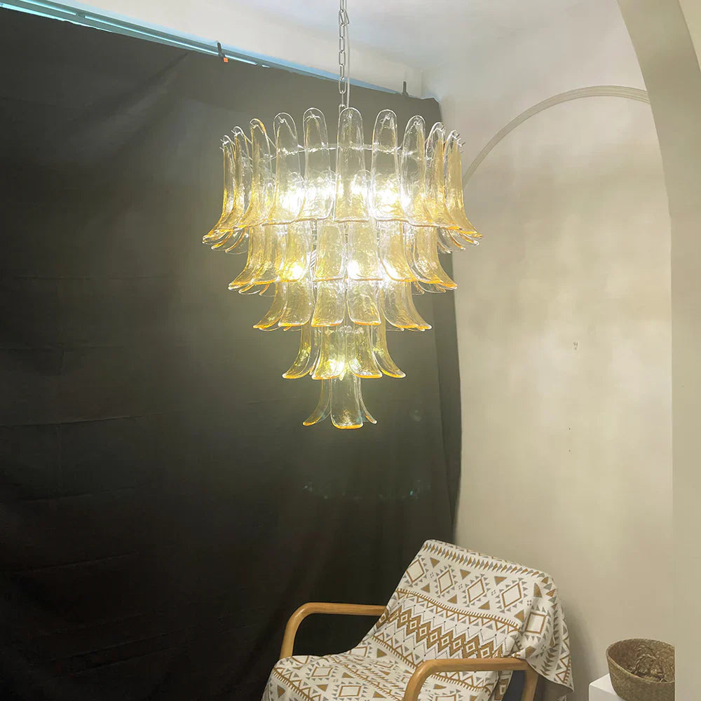 Vintage Transparent Amber Murano Glass Petals Chandelier