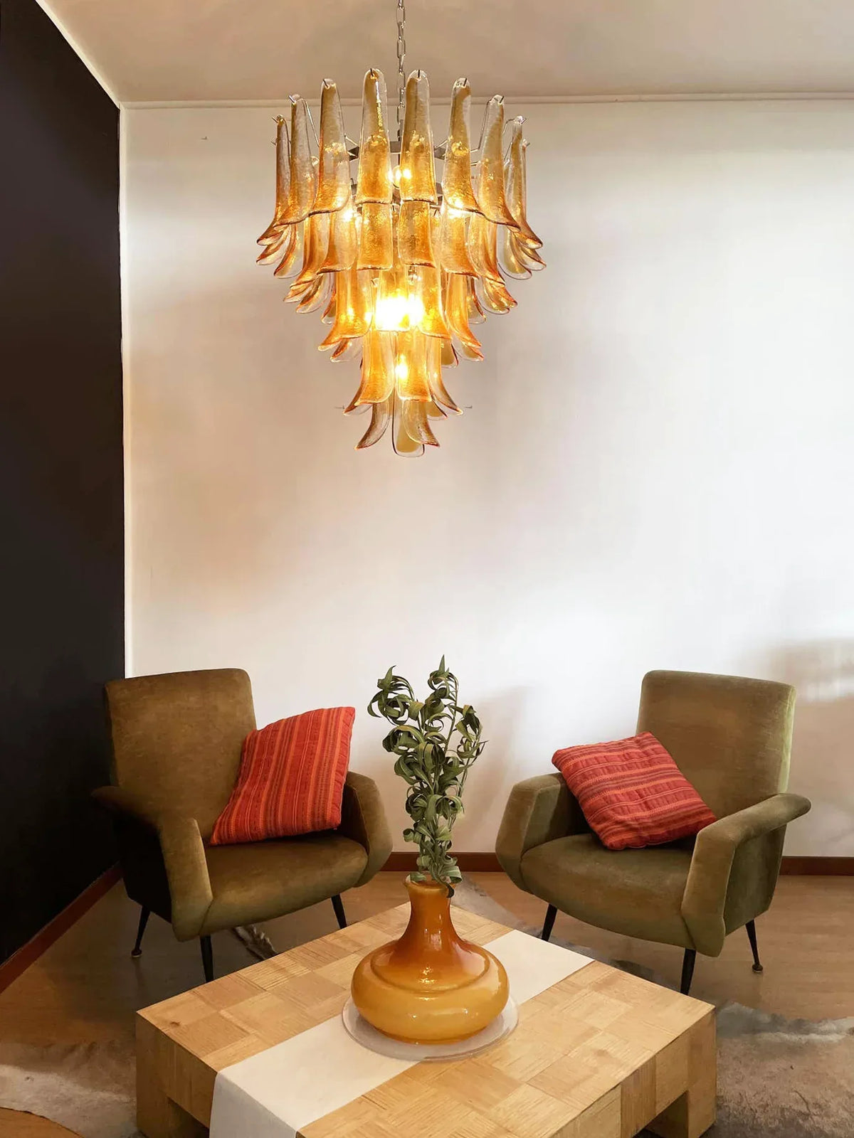 Vintage Transparent Amber Murano Glass Petals Chandelier