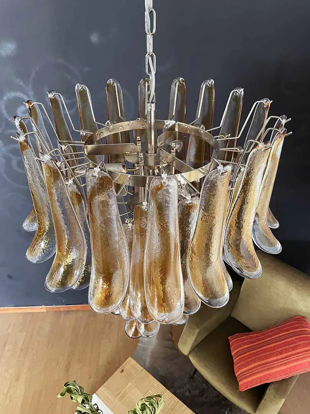 Vintage Transparent Amber Murano Glass Petals Chandelier