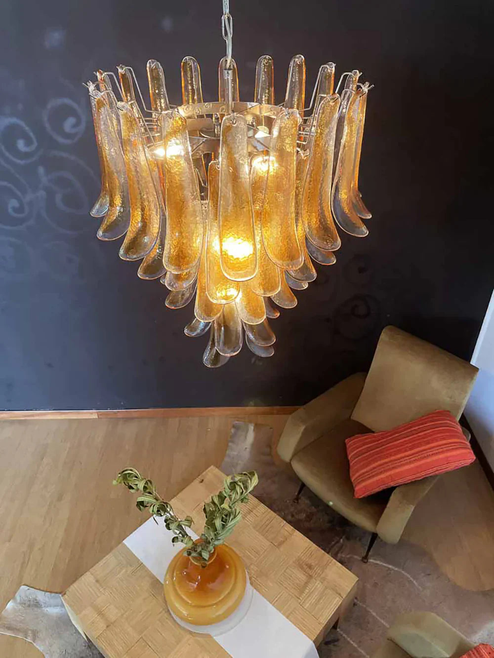 Vintage Transparent Amber Murano Glass Petals Chandelier
