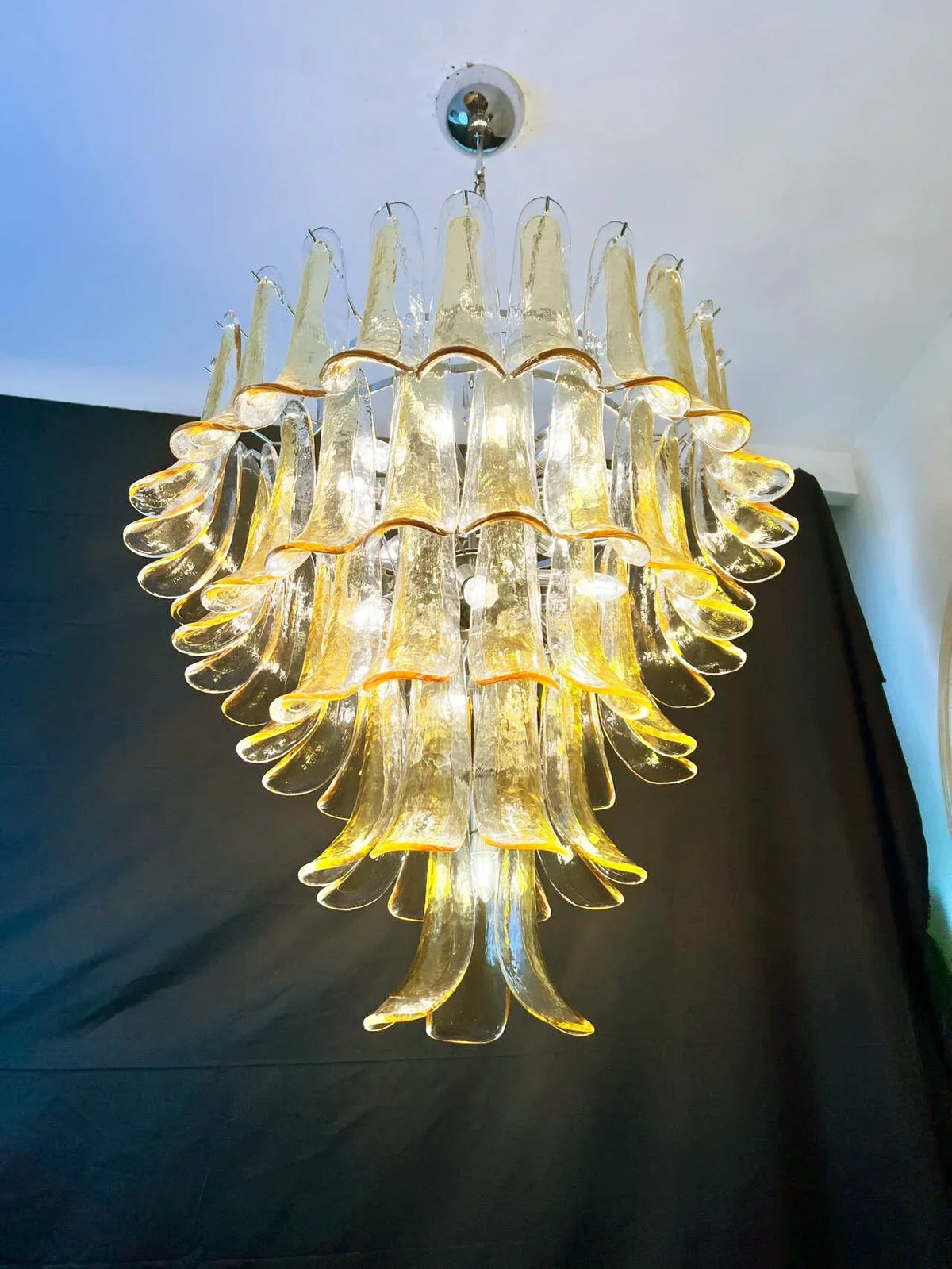 Vintage Transparent Amber Murano Glass Petals Chandelier
