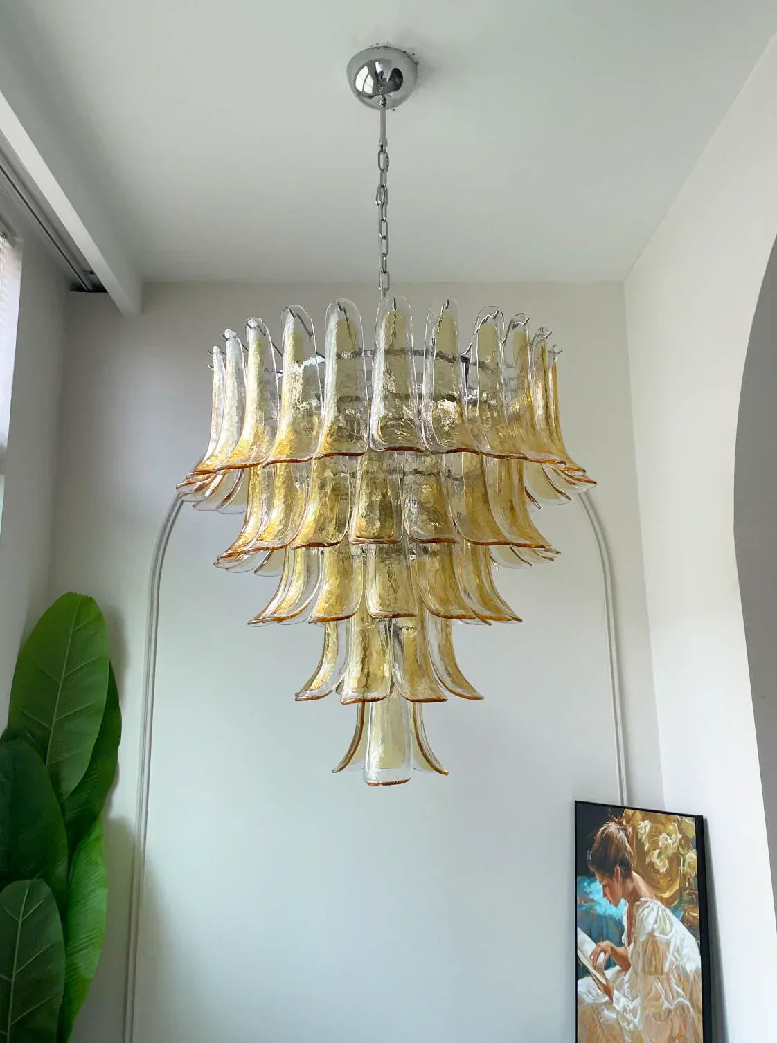 Vintage Transparent Amber Murano Glass Petals Chandelier