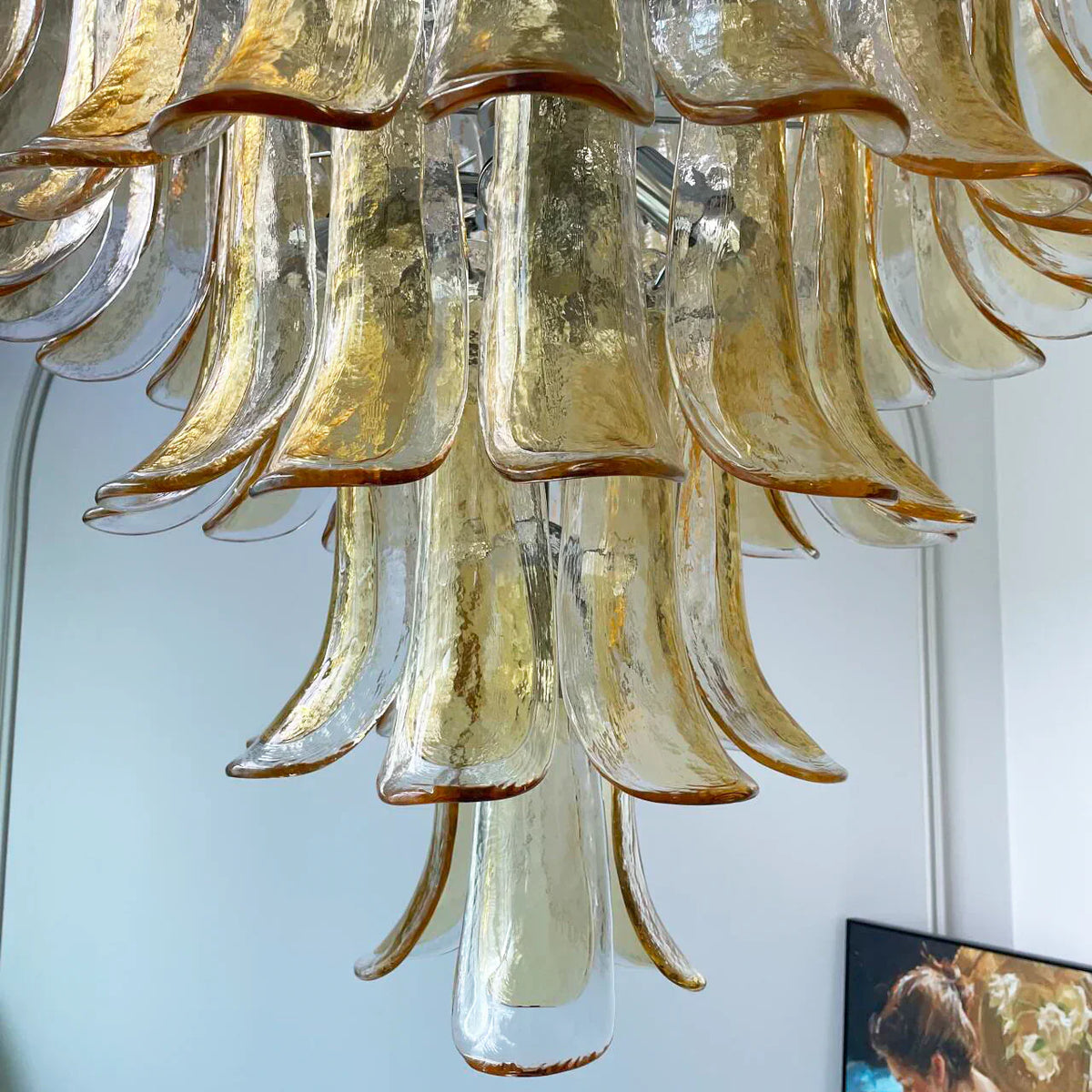 Vintage Transparent Amber Murano Glass Petals Chandelier