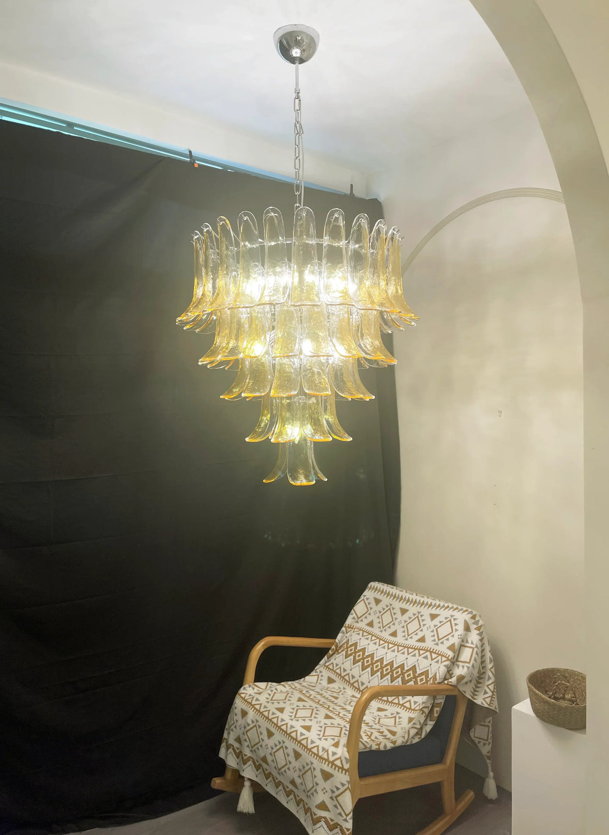 Vintage Transparent Amber Murano Glass Petals Chandelier