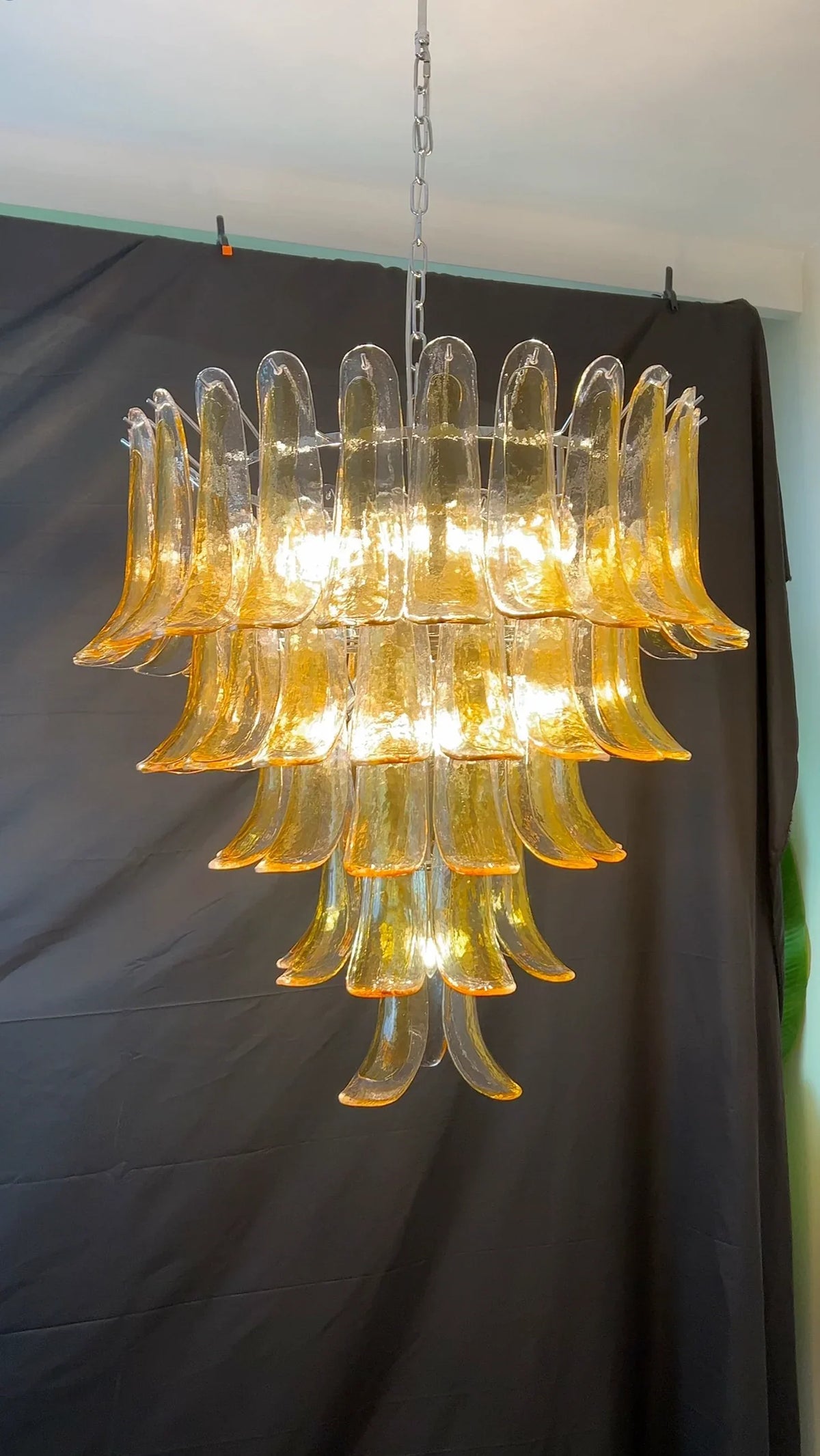 Vintage Transparent Amber Murano Glass Petals Chandelier